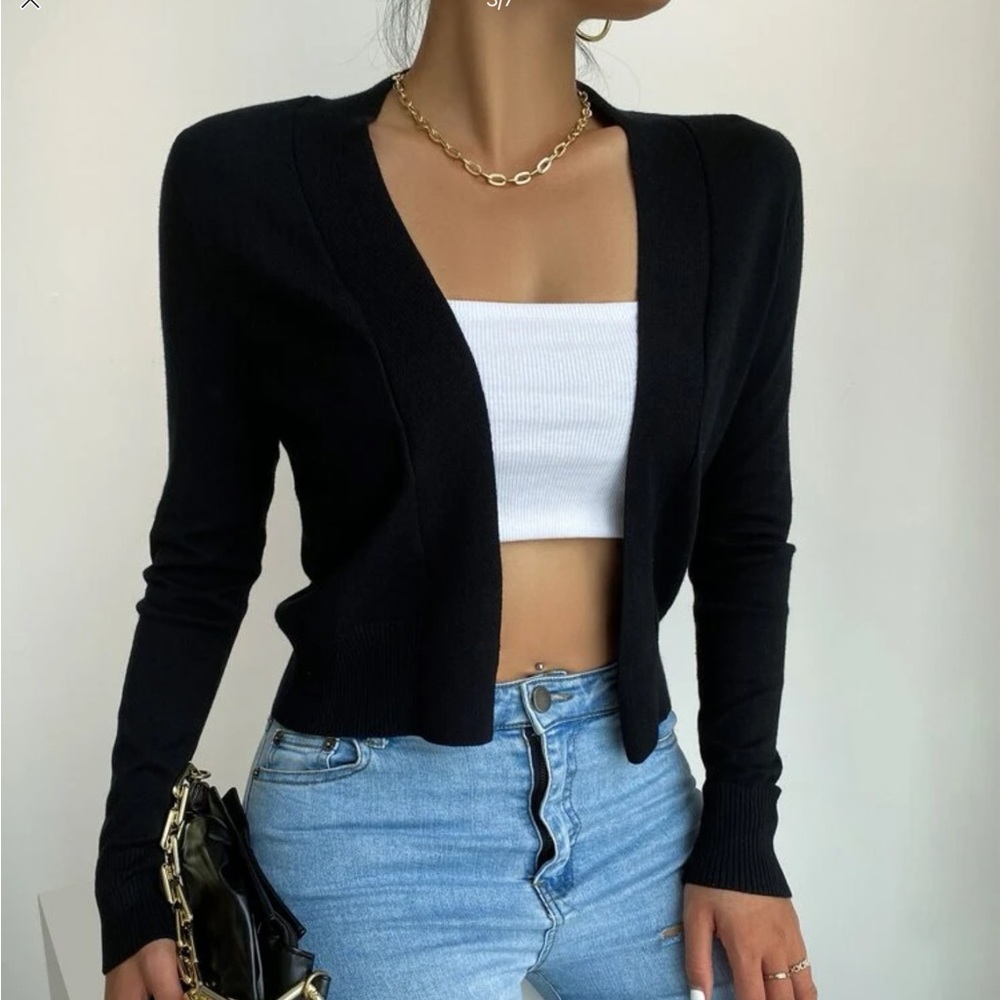 Black open front cardigan
